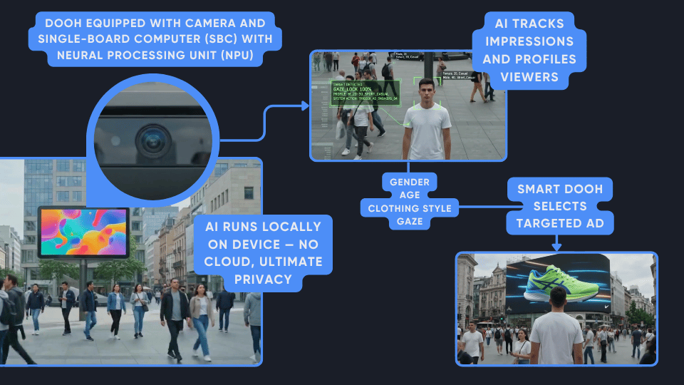 AdEye workflow: DOOH screen with camera and on-board NPU detects viewers, AI profiles gender, age, clothing and gaze locally, then selects a targeted ad